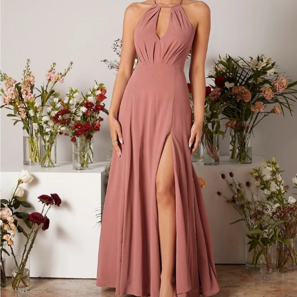 Dusty Rose Keyhole Neck Open Back Bridesmaid Dress